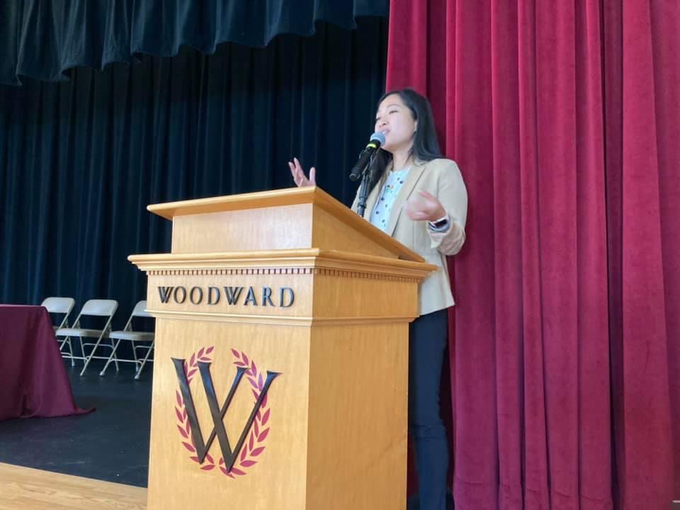 photo of Nina Liang speaking to Woodward students